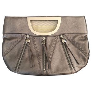 B.Makowsky “Tiffany” Pewter Leather Clutch Triple Zipper Front New With …